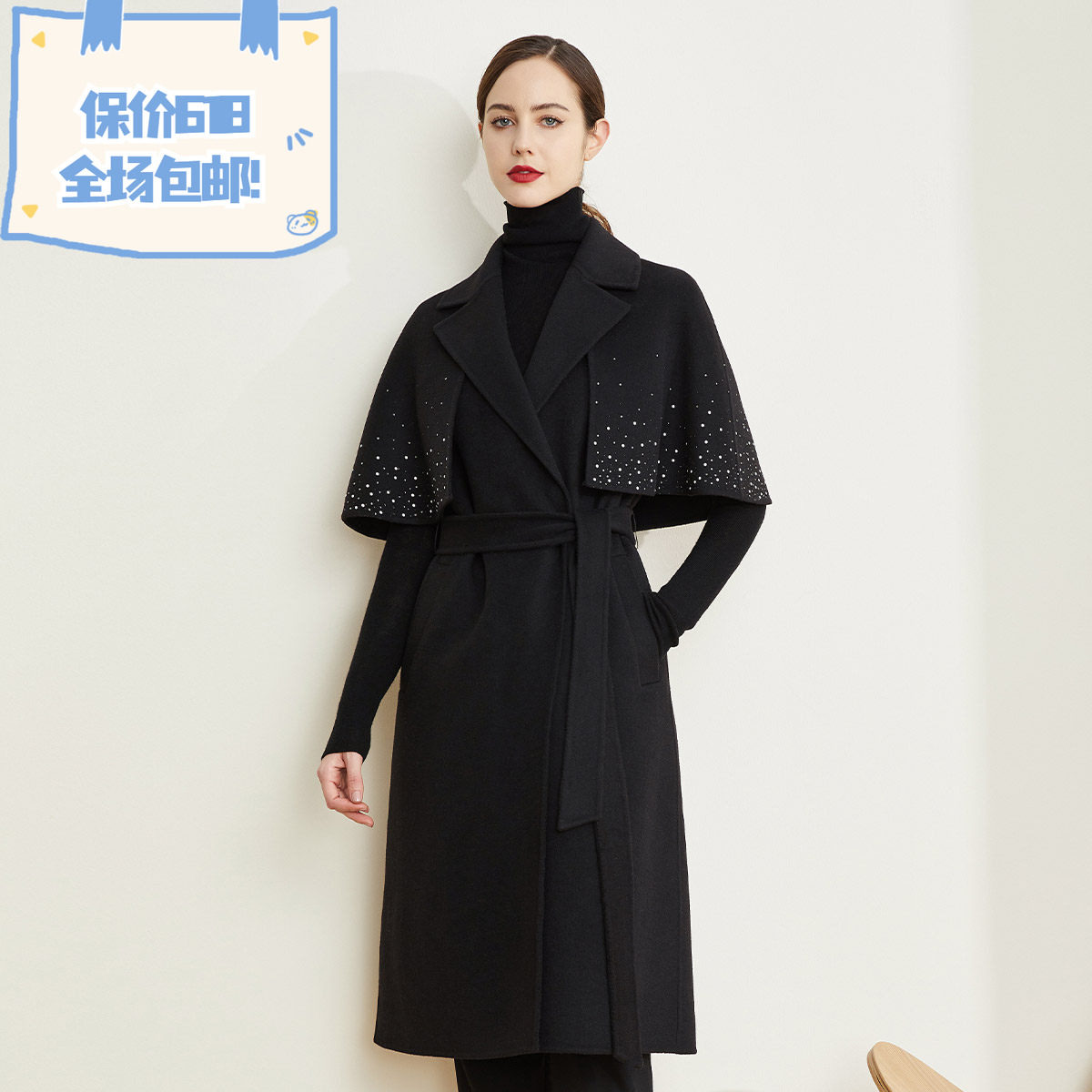 斯尔丽[专柜同款]瑟俪2021秋冬新时尚优雅烫钻披肩式腰带中长大衣