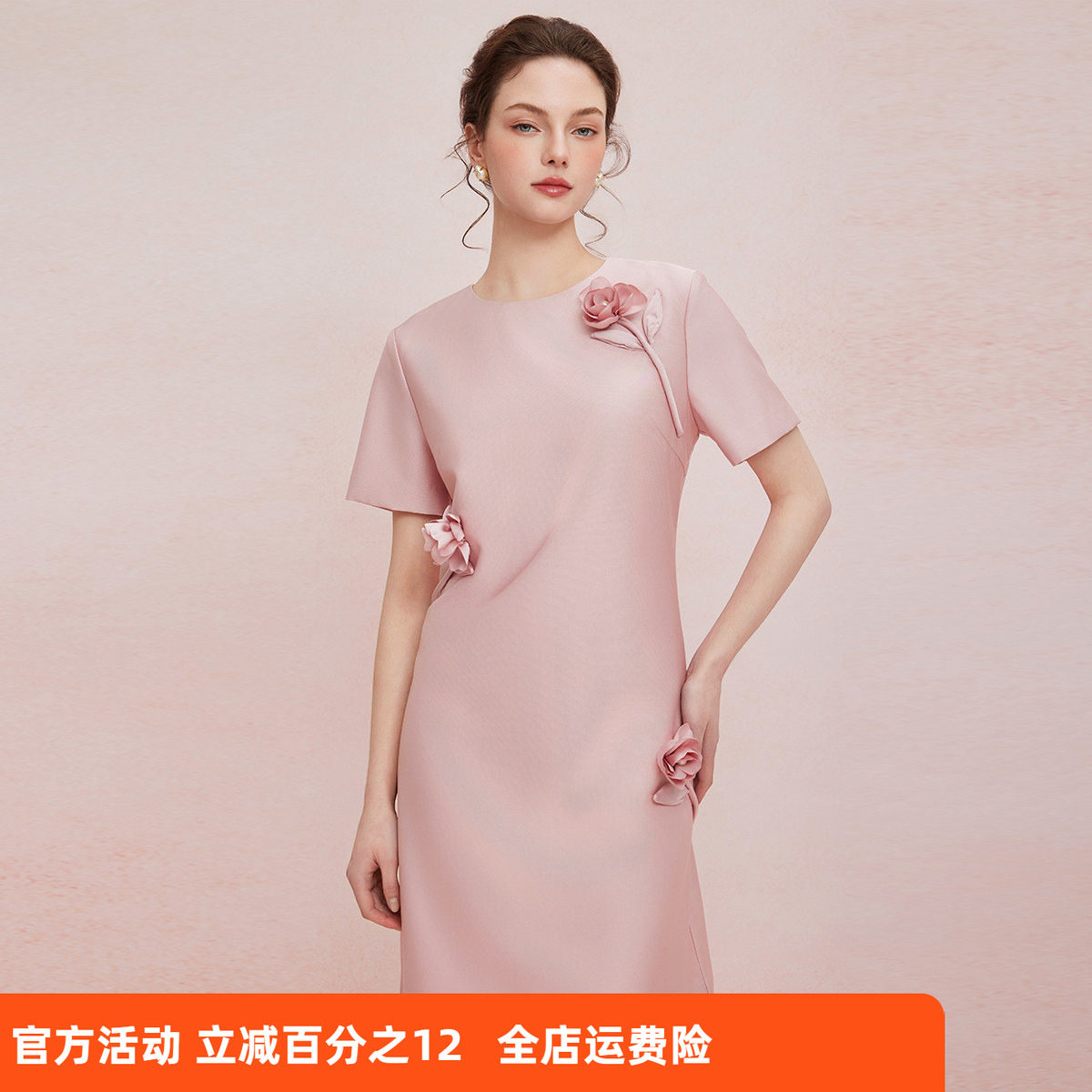 斯尔丽2025夏季新款立体盘花直身显瘦圆领宴会小礼服连衣裙