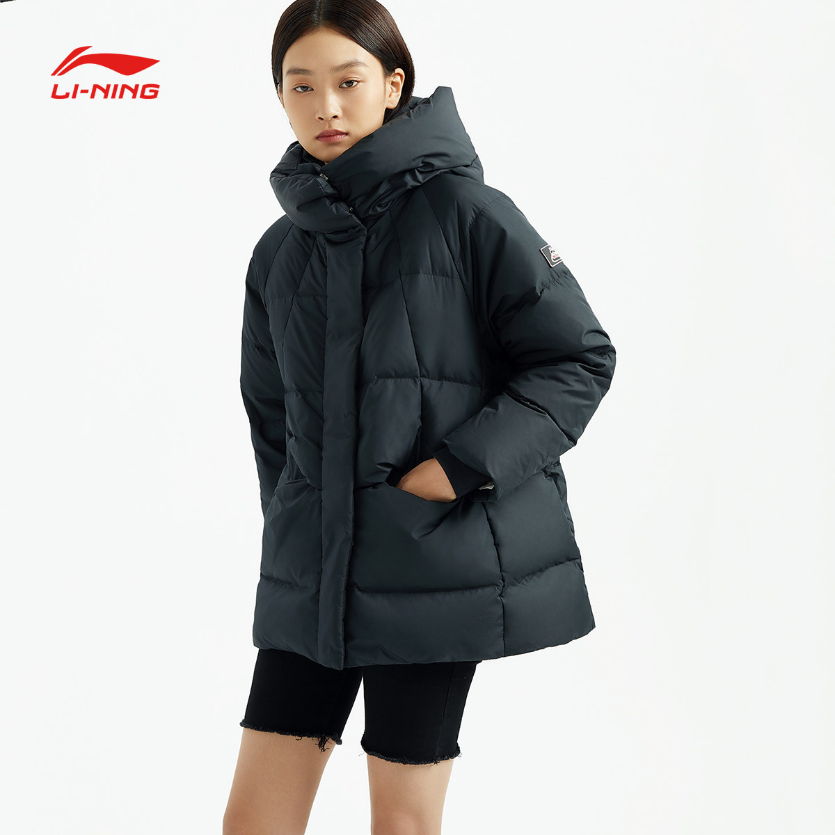 中国李宁中羽绒服女士新款冬季连帽宽松女装白鸭绒运动服aymq394