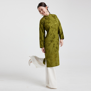 套装 奥黛日常款 百搭优雅复古 墨绿提花真丝长袖 王逆天原创奥黛