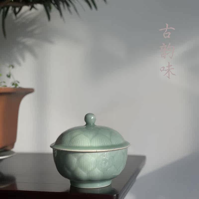 龙泉青瓷茶具国营老瓷器文革龙窑柴烧陶瓷莲瓣盖碗茶叶罐储物罐