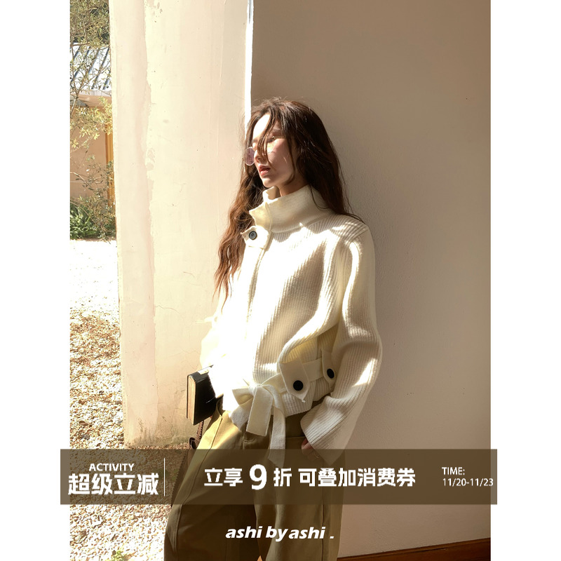 大于诗集 维也纳冬日 老钱风半高领系带毛衣外套女宽松针织开衫冬