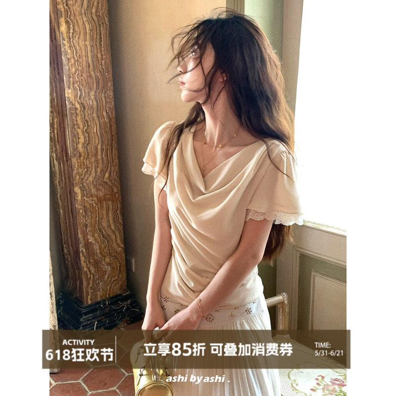 【06/15新品】大于诗集留存诺丁山 荡领泡泡小飞袖蕾丝收腰小衫女