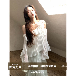 女长袖 大于诗集 荷叶边百褶斜肩吊带雪纺衫 法式 上衣早春 富士山下