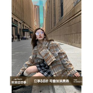 大于诗集 复古格纹毛呢衬衫外套女百搭气质翻领夹克宽松休闲上衣