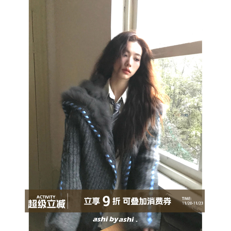 大于诗集 凛冬恋歌 大翻领狐狸毛海军领针织开衫女加厚毛衣外套冬