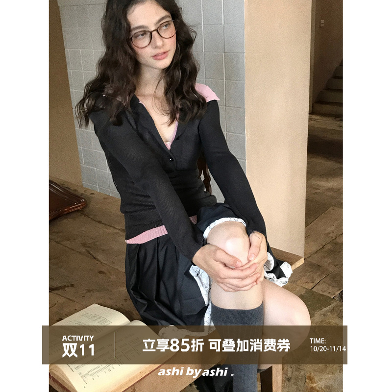 大于诗集 层次美学可露丽Polo领假两件撞色针织衫女秋V领修身上衣