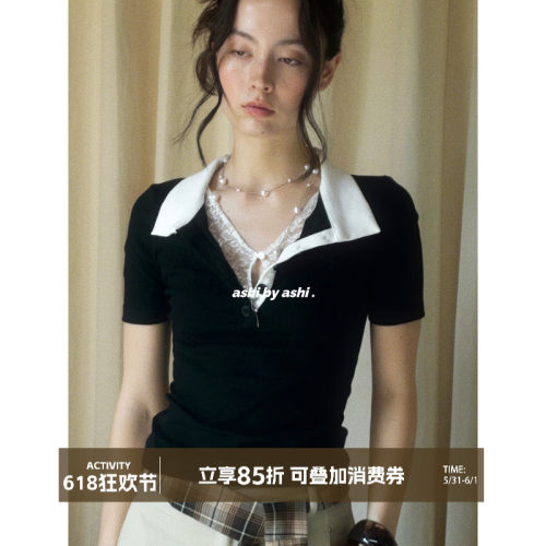 大于诗集 智性松弛感假两件刺绣POLO领T恤女拼接蕾丝纯欲短袖上衣