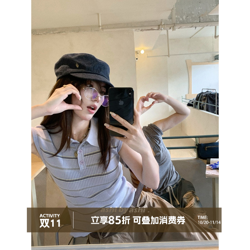 大于诗集 苏打气泡水 坑条撞色条纹减龄Polo衫女针织短袖T恤夏季
