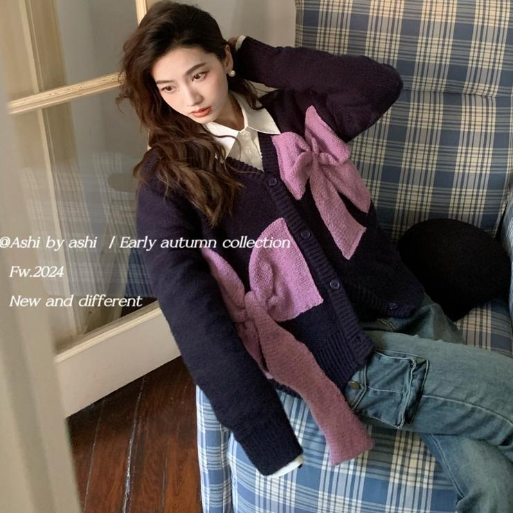 大于诗集 cutie honey 甜美宽松V领开衫立体蝴蝶结撞色针织开衫女