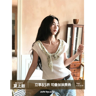 【06/15新品】大于诗集罗马假日两穿赫本碎花蝴蝶结绑带针织T恤女
