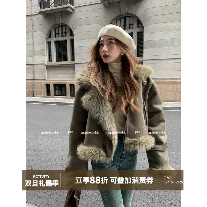 大于诗集 皮毛一体外套麂皮绒短款机车服女显瘦韩版休闲夹克冬季