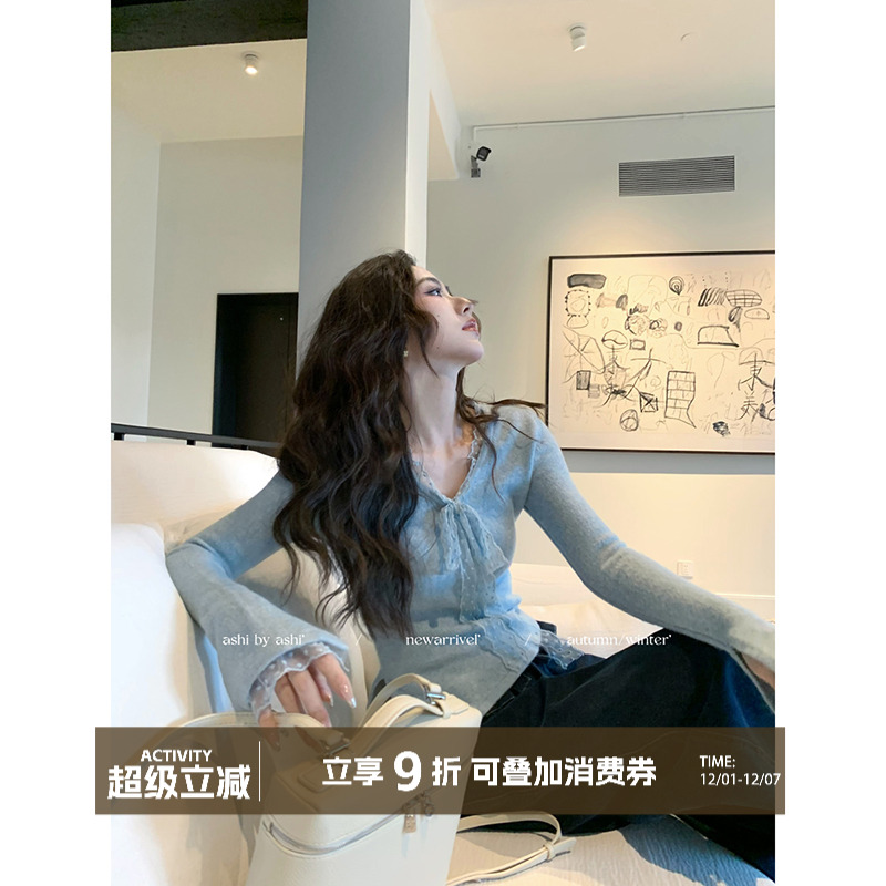 大于诗集 心动赴约 法式千金蕾丝花边针织衫女纯欲风修身显瘦上衣