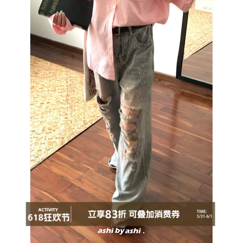 大于诗集 少女心事 重工钉珠烫钻腮红粉直筒裤女宽松破洞牛仔裤夏