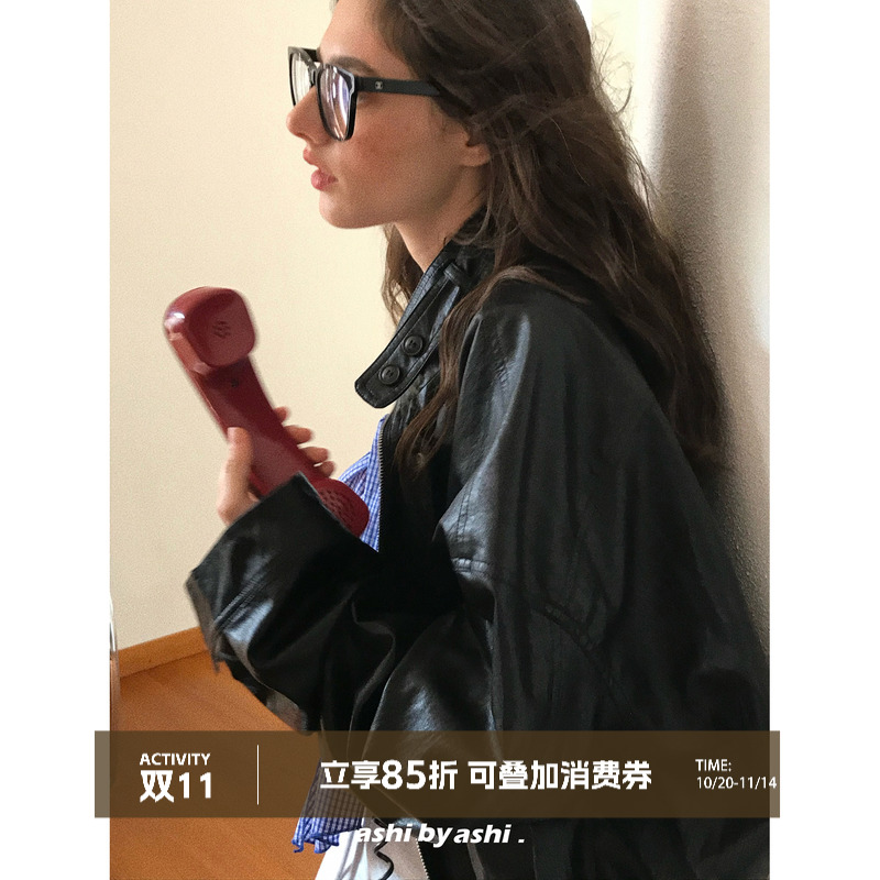 大于诗集 曼城日记 复古pu皮短款立领夹克女宽松百搭经典皮衣外套