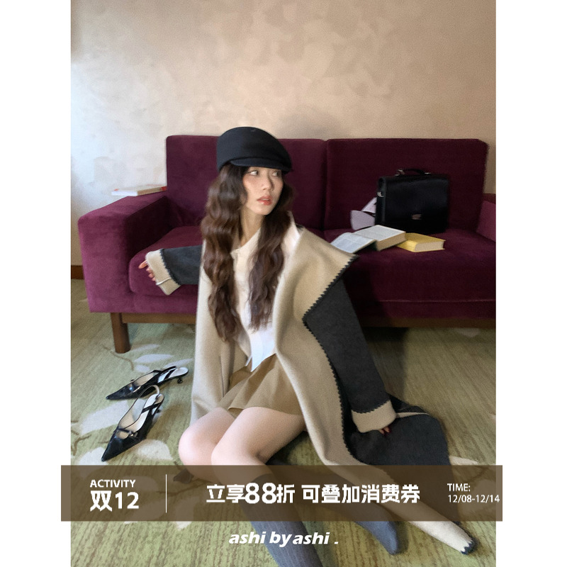 大于诗集 夜晚咖啡屋 两面穿羊毛混纺连帽毛呢大衣女长款宽松外套