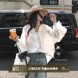 即兴留白 宽松休闲衬衣夏季 法式 女长袖 花边天丝防晒衬衫 大于诗集