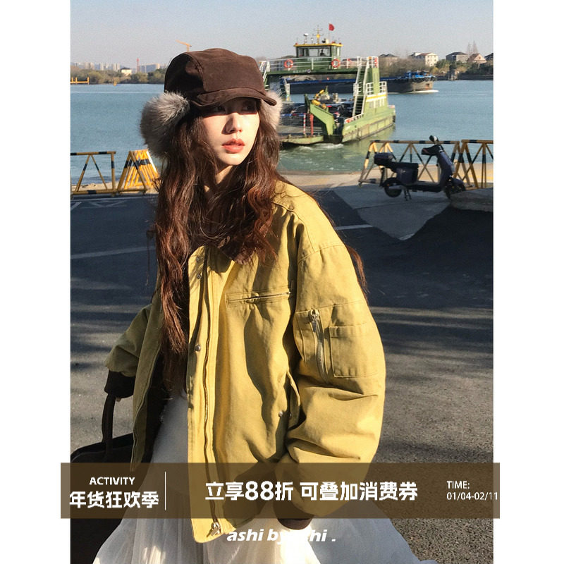 大于诗集 日光岛屿 复古水洗做旧拉链飞行工装夹克女撞色翻领外套,女装/女士精品,短外套,淘宝优惠券,粉丝福利购,淘宝优惠卷