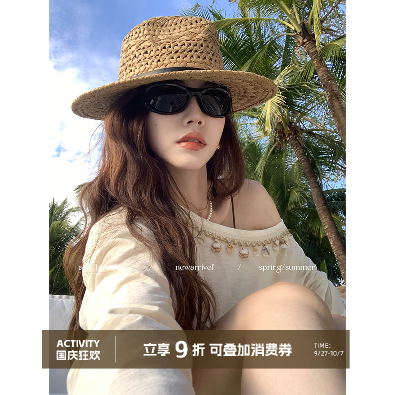 大于诗集 海岛 holiday度假亮片拼接斜领宽松休闲百搭慵懒T恤