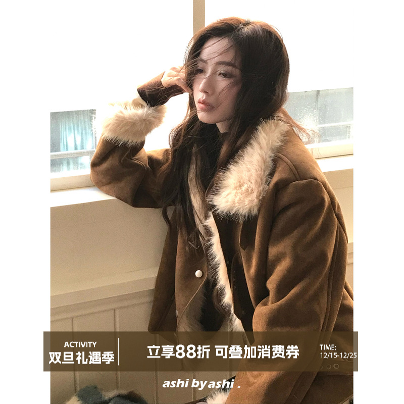 大于诗集 黄昏贝斯特 美式复古立领PU麂皮绒皮毛一体外套女短外套