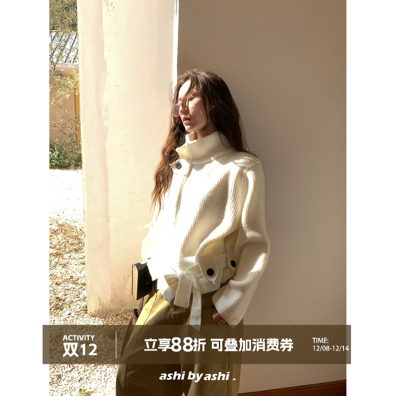 大于诗集 维也纳冬日 老钱风半高领系带毛衣外套女宽松针织开衫冬