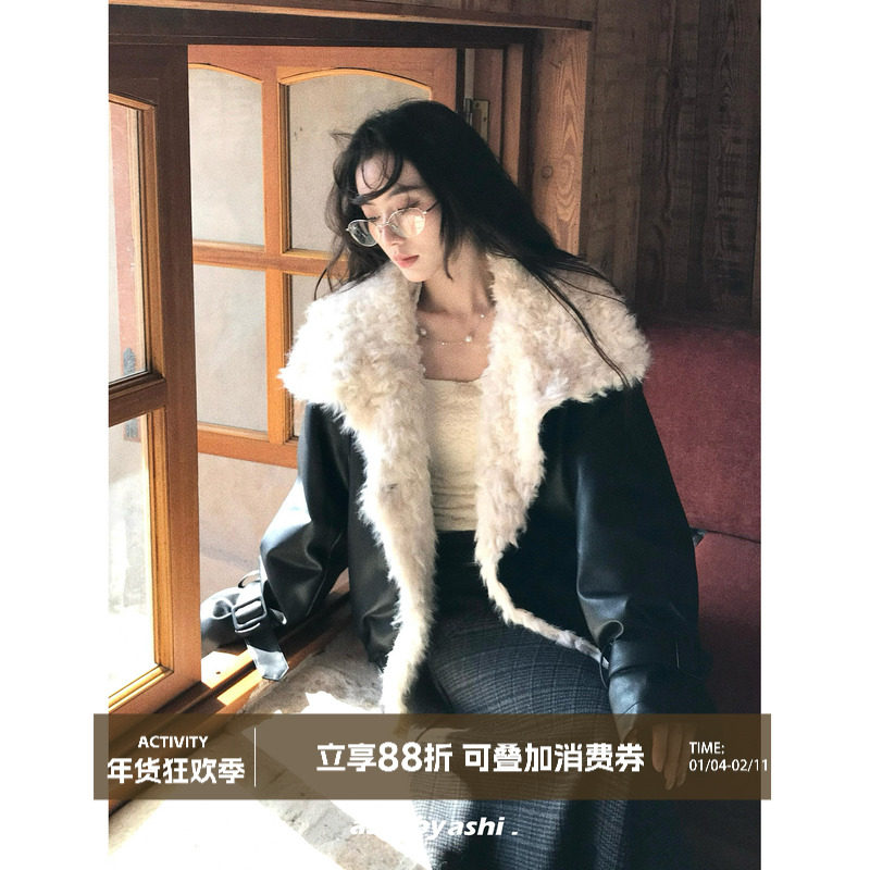 大于诗集 今晚月色真美 撞色大翻领环保羊羔毛夹克皮衣女派克外套,女装/女士精品,棉衣/棉服,淘宝优惠券,粉丝福利购,淘宝优惠卷