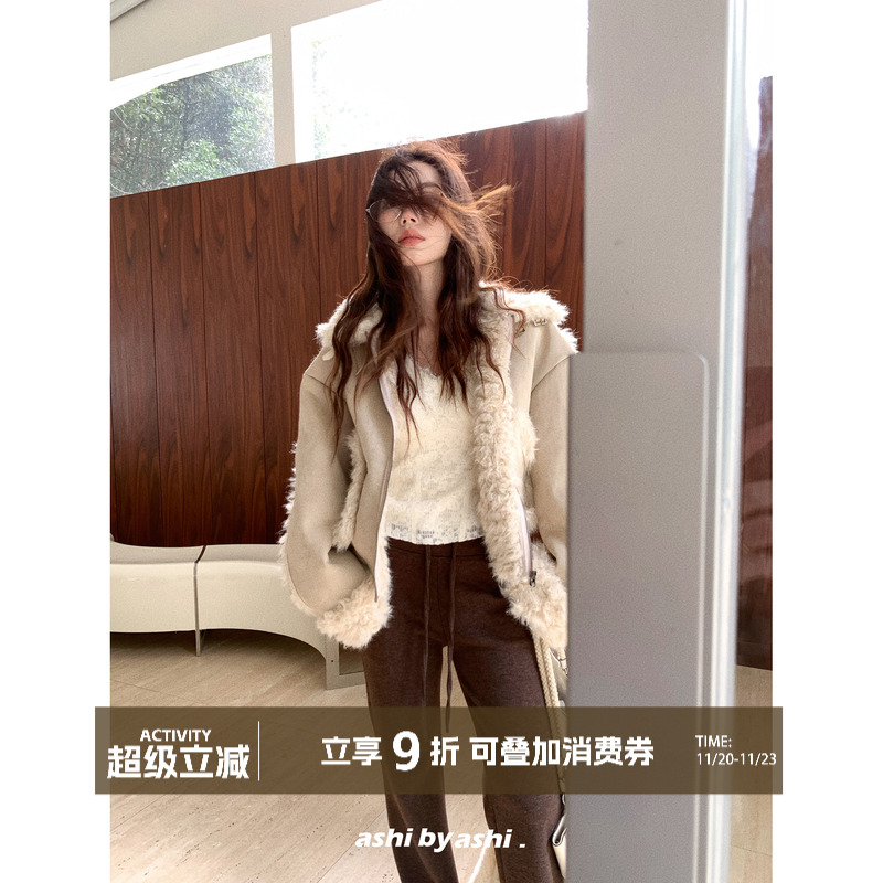 大于诗集 巴斯奶兔 仿皮草皮毛一体拼接机车夹克女宽松加厚外套冬