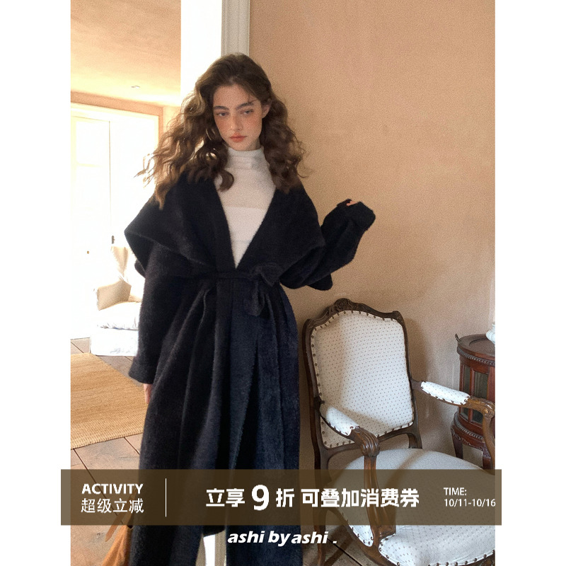 大于诗集 格林香榭 格雷系中长款仿貂绒翻领毛衣开衫女中长款外套