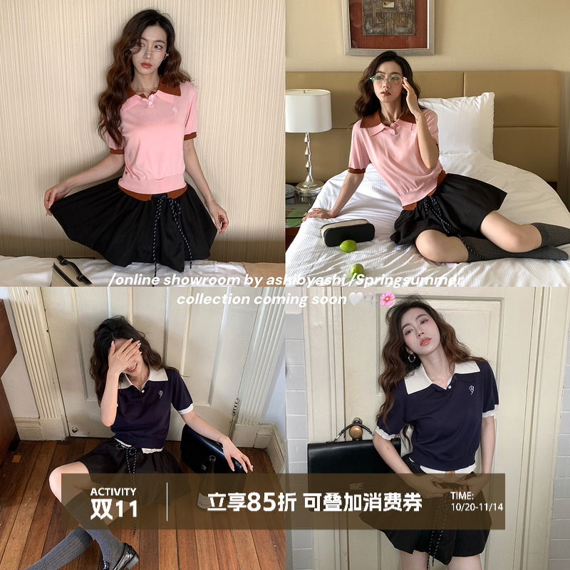 大于诗集 职场知识分子 复古撞色假两件拼接针织T恤女Polo领上衣