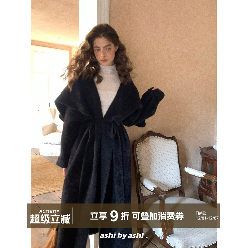 大于诗集 格林香榭 格雷系中长款仿貂绒翻领毛衣开衫女中长款外套