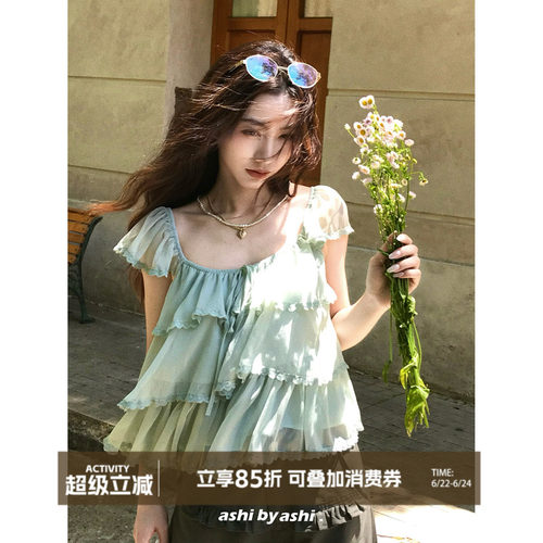 大于诗集 仲夏夜之梦 方领小飞袖多层抽褶花边荷叶边系带上衣女夏