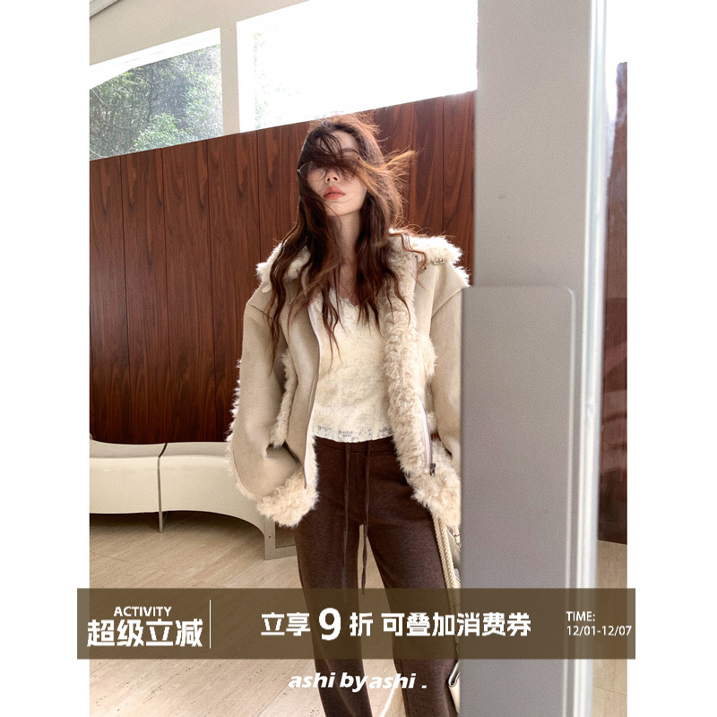 大于诗集 巴斯奶兔 仿皮草皮毛一体拼接机车夹克女宽松加厚外套冬