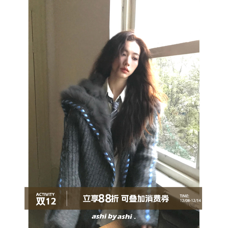 大于诗集 凛冬恋歌 大翻领狐狸毛海军领针织开衫女加厚毛衣外套冬