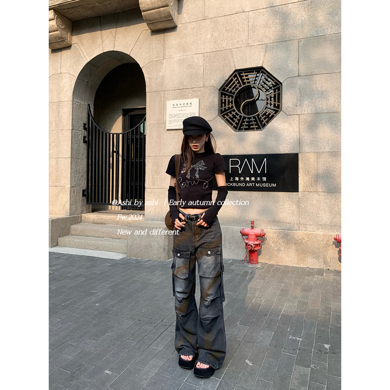 大于诗集 走过路过没遇过 擦色做旧废土风破洞工装口袋直筒拖地裤