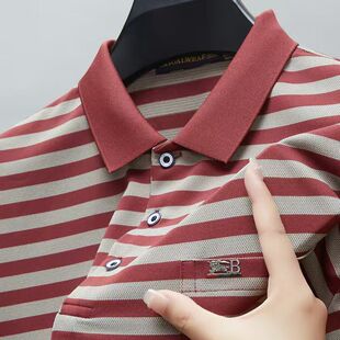 半袖 中青年爸爸短袖 休闲POLO衫 新款 真口袋上衣 条纹翻领男T恤夏季
