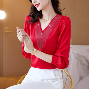 RM6410#本命年红小衫烫钻真丝时尚小衫V领上衣女洋气 女装雪纺衫