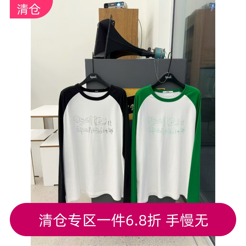 秒发/Spell llll2025秋季新品美式星星印花拼接插肩袖长袖T恤
