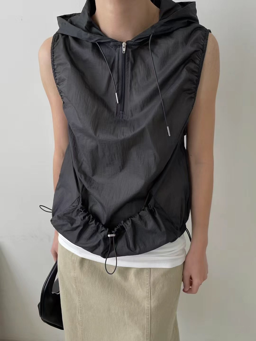 现/3another机能户外风抽绳可调拉链轻薄马甲背心无袖连帽衫