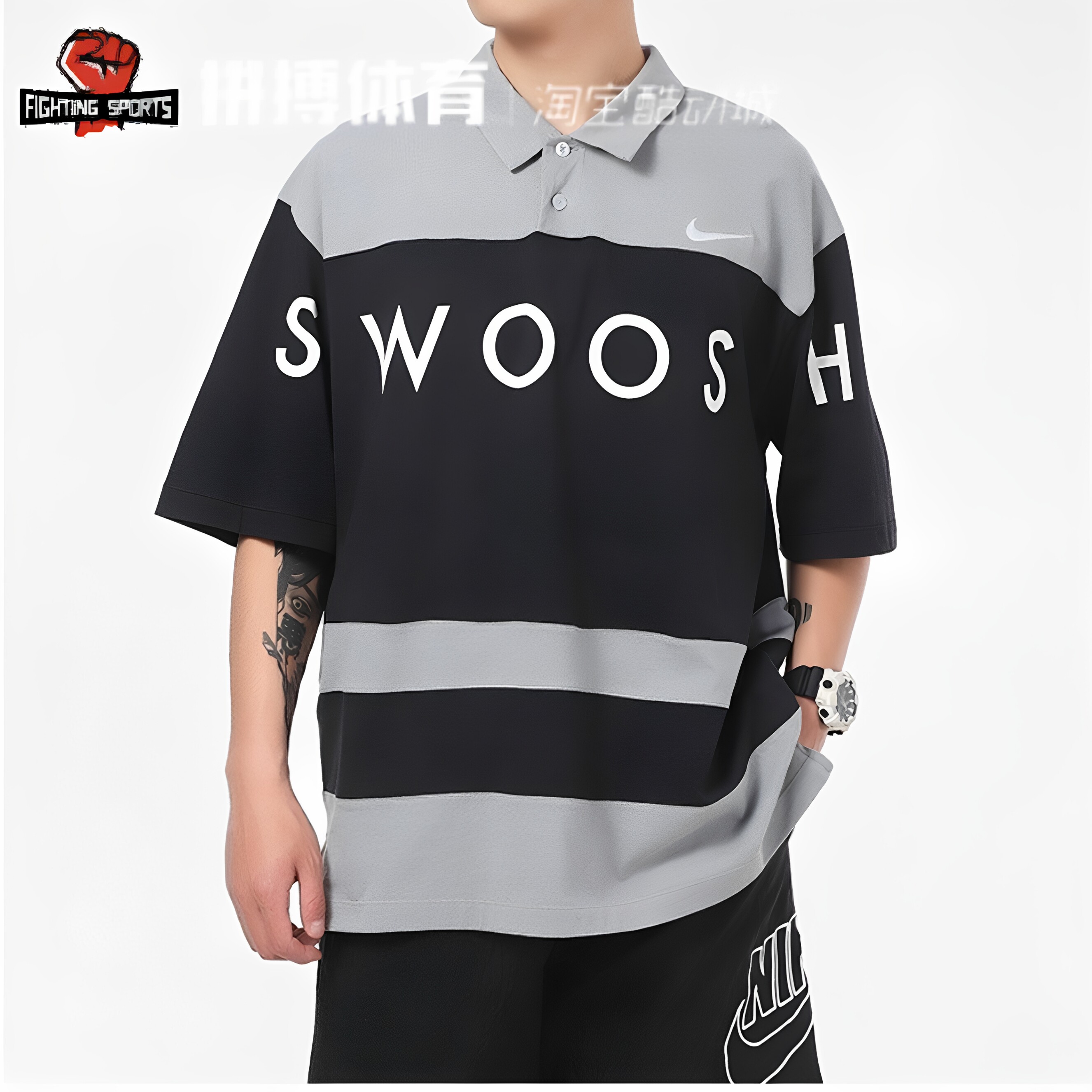 耐克Nike运动T恤字母印花撞色条纹POLO衫时尚舒适男士DJ5370-010