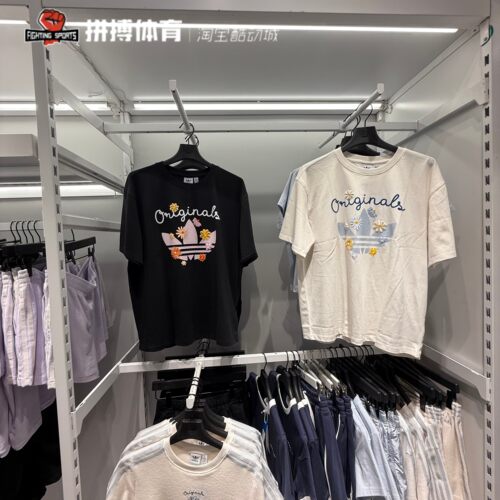 Adidas三叶草花朵刺绣logo圆领宽松运动短袖T恤KB8958 KB8959