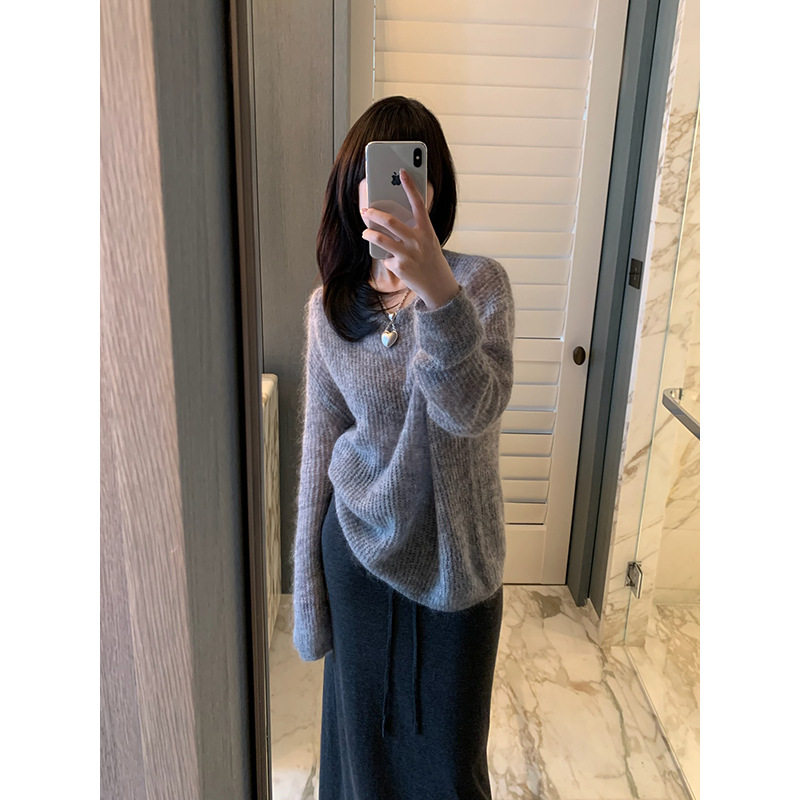 2026春季新款松弛感马海毛针织衫 宽松V领薄款羊毛套头上衣女
