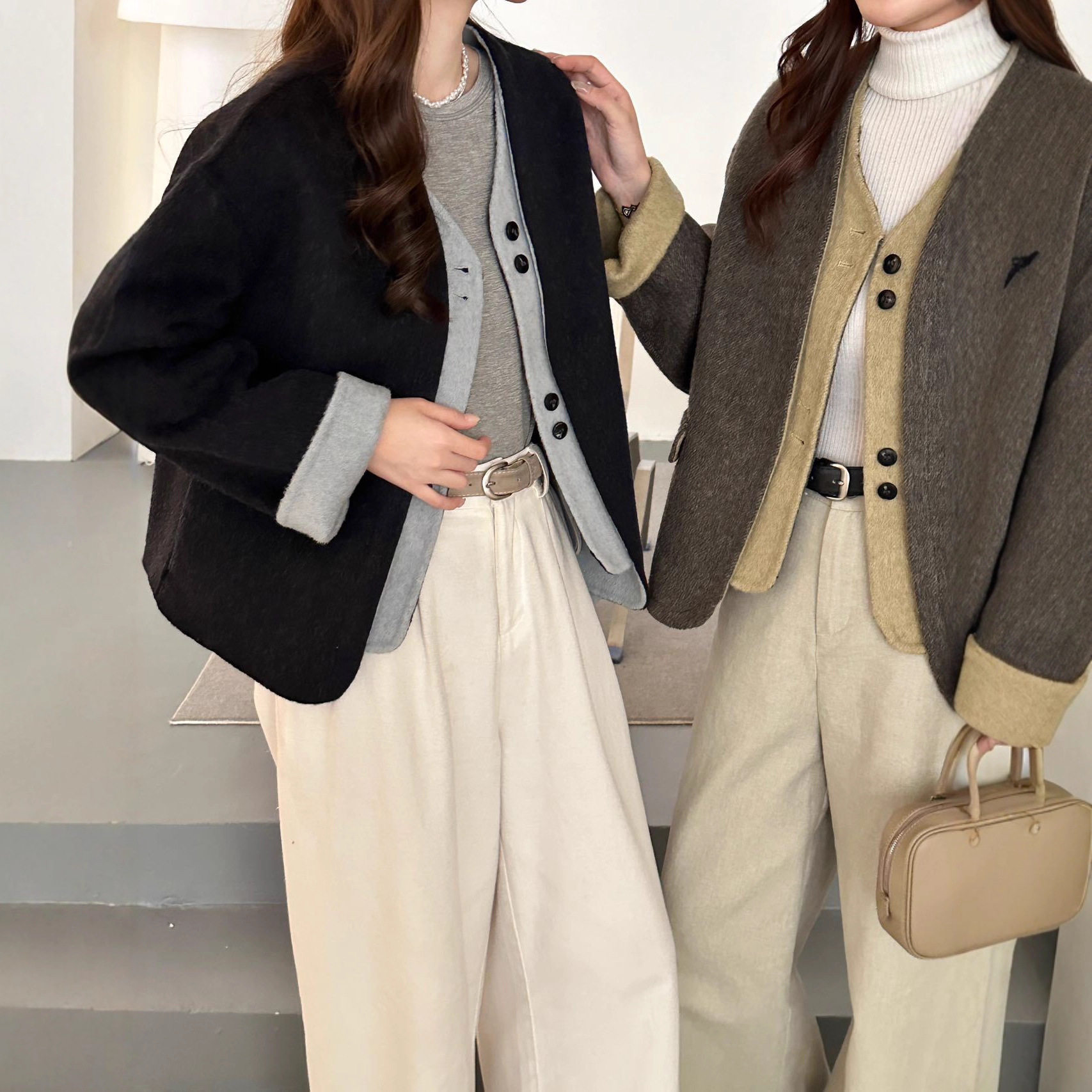 2025新款V领设计小香风女冬外套气质百搭短款羊绒羊毛双面呢大衣