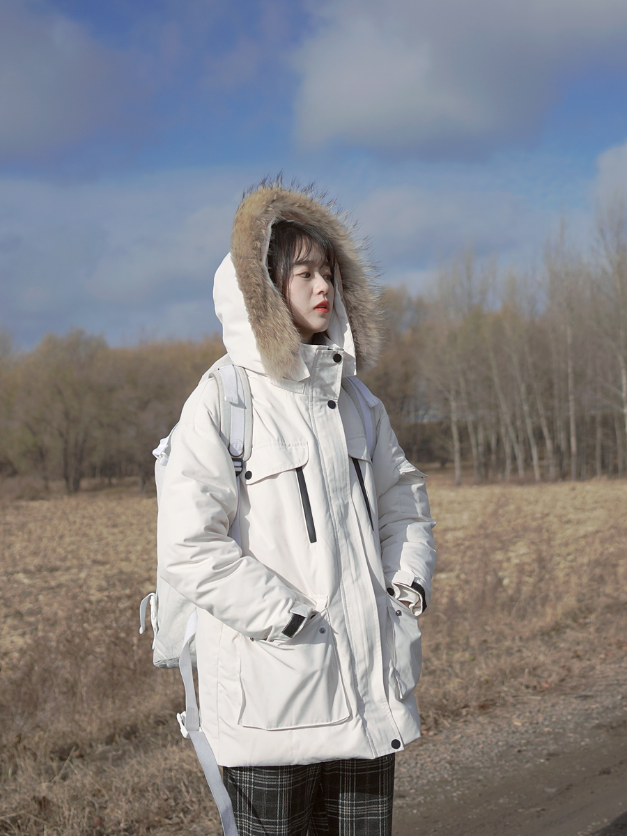 白线流自制学院风复古连帽羽绒服