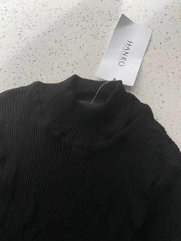스위스 수입 HANRO 심플 블랙 그레이 울 뽕나무 실크 하프 하이 칼라 긴팔 티셔츠 웜 탑 2834