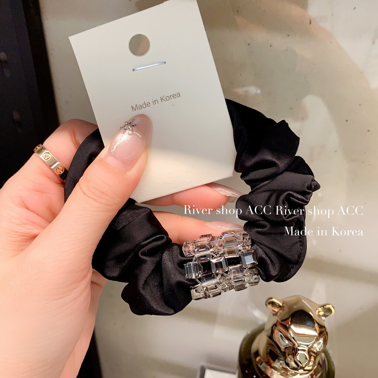 魔方水晶串珠【黑色缎面大肠发圈】韩国进口发饰头绳头花