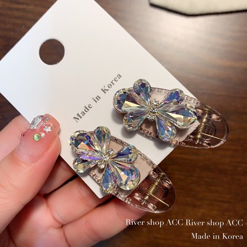 4cm水晶雪花蝴蝶结【椭圆鸭嘴夹】韩国发饰小号刘海儿对夹