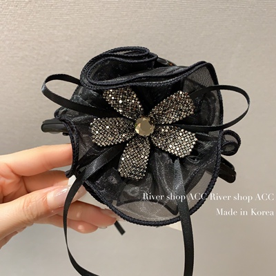 13cm奢华满天星【丝带蝴蝶结抓夹】黑纱花朵闪钻韩国发卡发饰