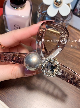 13cm透茶色包钻水晶【抓夹】韩国发饰全盘发发夹青灰色珍珠