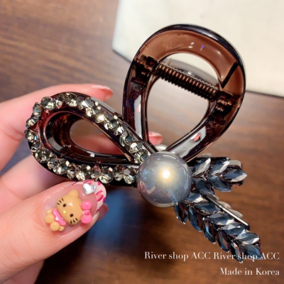 8cm冰透深棕蝴蝶结水晶闪钻大麦【中号抓夹】韩国发饰后脑勺盘发