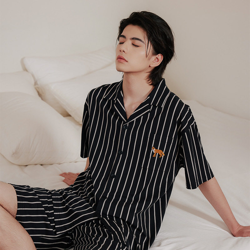 黑色竖纹小狼 夏季凉感短袖莫代尔棉睡衣男士7A抑菌家居服套装